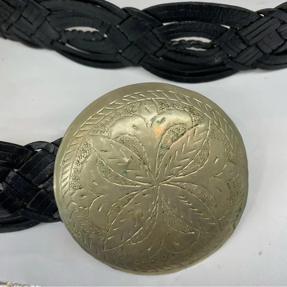 LADIES BELT ONE SIZE MOROCCO CONCHO SILVER BLACK LEATHER BRAIDED WOVEN WESTERN - Picture 3 of 9